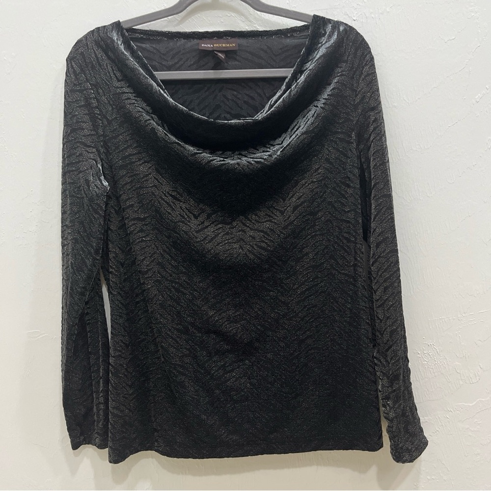 Dana Buchman Animal Print Drap Neck Blouse Women's M Black Witchy Retro‎